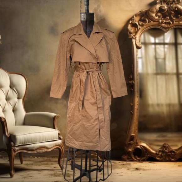 NASTY GAL • Camel Tan Extreme Shoulder Trench Coat Winter Fall Jacket - Picture 6 of 8